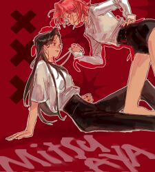 2girls alternate_hair_length alternate_hairstyle bare_legs bent_over black_hair black_pants black_shorts blush closed_mouth commentary english_commentary eye_contact grey_eyes hand_on_floor highres holding_another&#039;s_hair kininatteru_hito_ga_otoko_ja_nakatta kneeling koga_mitsuki long_hair looking_at_another multiple_girls oosawa_aya pants punsai reclining red_background red_hair red_nails ship_name shirt shirt_tucked_in short_hair short_sleeves shorts white_shirt