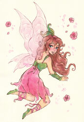 Rule 34 | blush, disney fairies (book series), dress, fairy, fairy wings, flats, flower, hair ornament, highres, kuridel, leaf hair ornament, lips, long hair, pink ribbon, plant clothing, pointy ears, prilla, ribbon, skirt, solo, wings