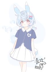 1girl animal_ears blue_bow blue_hair blue_shirt bow chame_(myyo04) cowboy_shot dated dot_nose genshin_impact hair_bow heart heart_print medium_hair parted_lips pink_bow red_eyes shirt short_sleeves sigewinne_(genshin_impact) signature simple_background skirt soap_bubbles solo t-shirt twintails white_background white_skirt