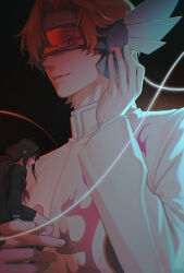 1boy 1girl angelic_layer black_background black_serafuku blood-c closed_mouth creator_connection crossover expressionless fingernails gootai highres holding holding_mini_person jacket kisaragi_saya low_twintails mini_person minigirl nanahara_fumito neckerchief pleated_skirt red_neckerchief school_uniform serafuku skirt string twintails white_gakuran white_jacket