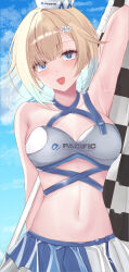 1girl absurdres aizawa_ema bikini blonde_hair blue_eyes blue_hair blue_skirt breasts checkered_flag cloud collarbone flag flower hair_flower hair_ornament hat highres kaeha navel open_mouth pleated_skirt race_queen skirt sky solo swimsuit two-tone_skirt virtual_youtuber vspo! white_bikini white_flower white_hat white_skirt