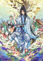 Rule 34 | 1boy, absurdres, bamboo steamer, black hair, boots, bowl, chinese clothes, chinese commentary, chu wanning, closed eyes, closed mouth, erha he ta de bai mao shizun, fish, flower, food, half updo, hanfu, high ponytail, highres, holding, holding ladle, holding rolling pin, husky, kingchenxi, ladle, leaf hat, long hair, long sleeves, lotus, lotus flower pastry, lotus leaf, male focus, moon phases, noodles, pants, pink flower, plate, ponytail, rolling pin, sash, sitting, sitting on animal, solo, tassel, tree, white boots, white hanfu, white pants, wide sleeves, xiao guan (headdress), yaopei
