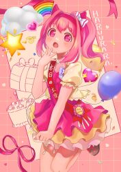 1girl alternate_costume animal_ears arrow_(symbol) balloon bead_necklace beads blush box breasts brown_hair brown_shoes cake character_name cleavage commentary_request confetti dated dress ear_covers flat_chest food gasp gift gift_box grid_background hair_intakes hairband hand_up happy_birthday haru_urara_(umamusume) heart highres horse_ears horse_girl jewelry layered_dress looking_at_viewer moko39_takasora necklace open_mouth pink_eyes pink_hair pink_ribbon ponytail ribbon sash shoes short_hair short_sleeves shoulder_sash smile solo sparkle timestamp umamusume