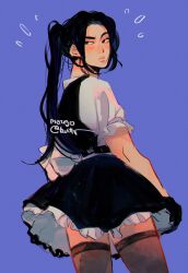 1boy artist_name black_eyes black_hair blue_background blush bow commentary cowboy_shot crossdressing dress english_commentary frilled_dress frills from_behind glaring highres long_hair looking_back maid male_focus meru90 mu_qing_(tianguan_cifu) parted_lips puffy_short_sleeves puffy_sleeves shirt short_sleeves signature simple_background solo standing sweatdrop thighhighs tianguan_cifu waist_bow white_bow white_shirt zettai_ryouiki