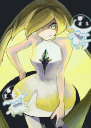 Rule 34 | 1girl, absurdres, bakuros, big hair, blonde hair, closed mouth, commentary request, dress, gen 7 pokemon, green eyes, hand on own hip, highres, jellyfish, long hair, looking at viewer, lusamine (pokemon), nihilego, nintendo, pokemon, pokemon (creature), pokemon sm, signature, smile, standing, ultra beast, white dress