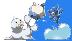 Rule 34 | :3, animal focus, blacknirrow, bouncing, bubble, closed eyes, closed mouth, fangs, full body, gen 1 pokemon, gen 3 pokemon, gen 7 pokemon, green eyes, highres, horns, midair, nintendo, no humans, open mouth, outline, pokemon, pokemon (creature), pokemon focus, popplio, seel, simple background, single horn, smile, spheal, two-tone background, water drop, white outline