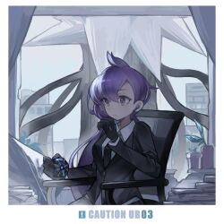 1girl anabel_(pokemon) beast_ball black_gloves black_jacket black_necktie border chair closed_mouth collared_shirt commentary earpiece fumi_(fyvr2372) gen_7_pokemon gloves hand_up holding holding_poke_ball jacket long_hair necktie nintendo plant poke_ball pokemon pokemon_(creature) pokemon_sm potted_plant purple_eyes purple_hair shirt sitting ultra_beast white_border white_shirt xurkitree