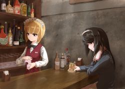 2girls alcohol bar_(place) bartender beer_bottle black_eyes black_hair black_neckwear blonde_hair blue_jacket blunt_bangs bottle bow bowtie brown_eyes brown_vest cup cutlass_(girls_und_panzer) dress_shirt drinking_glass food fruit girls_und_panzer hairband handkerchief highres holding holding_cup ice insignia jacket lemon lemon_slice light_frown light_particles long_hair long_sleeves military military_uniform miniskirt multiple_girls ooarai_military_uniform parted_lips pleated_skirt reizei_mako romaji_text sazanka school_uniform shirt short_hair sitting skirt standing vest white_hairband white_shirt white_skirt wing_collar wiping