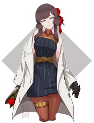 1girl black_dress blunt_sidelocks blush boushi-ya brown_hair coat cowboy_shot dress flower flower_hairband folded_hair freckles green_eyes grey_hairband hairband jacket kantai_collection long_hair long_sleeves looking_at_viewer mogador_(kancolle) mogador_(valentine)_(kancolle) multicolored_scarf pantyhose red_hairband rose scarf sidelocks solo white_background white_coat white_jacket
