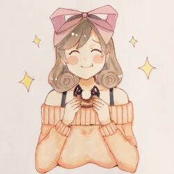 Rule 34 | 1girl, blush stickers, bow, breasts, brown hair, brown sweater, closed eyes, commentary request, curly hair, donut, eating, food, hair bow, haruka (senran kagura), highres, holding, holding donut, holding food, large breasts, lemonrou, long sleeves, medium hair, pink bow, senran kagura, smile, solo, sparkle, sweater