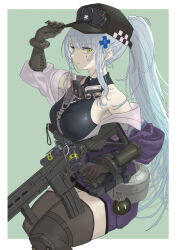 1girl adjusting_clothes adjusting_headwear arm_up assault_rifle baseball_cap between_breasts black_gloves black_hat black_thighhighs blue_hair breasts commentary_request cowboy_shot cross_hair_ornament flashbang girls&#039;_frontline girls&#039;_frontline_2:_exilium gloves green_background green_eyes gun h&amp;k_hk416 hair_ornament hat highres hk416_(girls&#039;_frontline) holding holding_gun holding_weapon invisible_chair klukai_(girls&#039;_frontline_2) long_hair looking_at_viewer monodrive off_shoulder outside_border ponytail rifle sidelocks sideways_glance simple_background sitting smile solo strap_between_breasts teardrop_facial_mark thighhighs trigger_discipline weapon