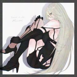 Rule 34 | 1girl, a2 (nier:automata), android, black border, border, commentary, dated, grey hair, hair between eyes, highres, long hair, looking at viewer, looking back, lux spei, nier:automata, nier (series), outside border, simple background, solo, very long hair, whale tail (clothing), white background