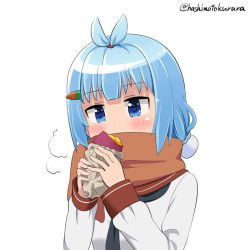 Rule 34 | 1girl, blue eyes, blue hair, breath, brown scarf, carrot hair ornament, food, food-themed hair ornament, hair ornament, hashimoto kurara, holding, holding food, itsumo hokuto, roasted sweet potato, scarf, scarf over mouth, school uniform, serafuku, shakunetsu no takkyuu musume, solo, sweet potato, twitter username, upper body
