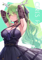 1girl :o alternate_hairstyle armpits arms_up bare_shoulders black_dress black_gloves black_nails blurry blush breasts ceres_fauna ceres_fauna_(goth) cleavage collarbone commentary curry_bowl dress elbow_gloves english_commentary eyes_visible_through_hair fingernails gloves goth_fashion green_hair hair_branch hair_over_one_eye highres hololive hololive_english large_breasts long_hair multicolored_background nail_polish official_alternate_costume open_mouth ponytail solo virtual_youtuber yellow_eyes