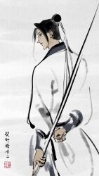 Rule 34 | 111218422, 1boy, absurdres, arm behind back, black hair, calligraphy, chinese clothes, chinese commentary, chinese text, closed mouth, cowboy shot, dao gui yi xian, faux traditional media, from behind, hair bun, hair ribbon, hanfu, highres, holding, holding polearm, holding weapon, ink wash painting, long hair, long sleeves, looking to the side, male focus, polearm, profile, ribbon, robe, seal impression, simple background, single hair bun, smile, solo, standing, sword, updo, weapon, white background, white hanfu, white ribbon, zhongguo hua, zhuge yuan