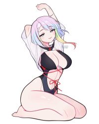 Rule 34 | 1girl, absurdres, arm behind head, arms up, asymmetrical sidelocks, bare legs, barefoot, black one-piece swimsuit, blonde hair, blue eyes, blush, breasts, bright pupils, brown hair, cleavage, closed mouth, commentary, cropped shirt, cyberpunk (series), cyberpunk edgerunners, green hair, grey hair, highres, large breasts, legs, looking at viewer, lucy (cyberpunk), multicolored hair, one-piece swimsuit, pink hair, red ribbon, ribbon, see-through clothes, see-through shirt, seiza, shirt, short hair, shrug (clothing), simple background, sitting, smile, solo, streaked hair, stretching, swimsuit, thighs, vivianvalenart, white background, white pupils, white shirt