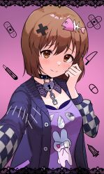 1girl absurdres black_cardigan black_choker blush breasts brown_eyes brown_hair cardigan checkered_sleeves choker cleavage closed_mouth cosplay fish_skeleton_hair_ornament floris_(saber13) hagiwara_yukiho hair_ornament hand_up heart heart-shaped_lock heart_choker highres idolmaster idolmaster_(classic) idolmaster_million_live! idolmaster_million_live!_theater_days long_sleeves pink_background purple_shirt shirt short_hair smile solo spider_web_print studded_choker tanaka_kotoha tanaka_kotoha_(cosplay) tanaka_kotoha_(only_see_you) upper_body x_hair_ornament