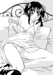 1girl bed_sheet bow camisole commentary_request cosplay dolores_haze dolores_haze_(cosplay) flat_chest greyscale hair_bow halftone highres lolita_(nabokov) long_hair looking_at_viewer miyano_tomochika monochrome nipples nishizawa_rika on_bed panties parted_lips pillow rika_(series) sidelocks solo strap_slip underwear underwear_only undressing