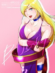 1girl artist_name b._jenet blonde_hair blue_eyes breasts cleavage crossed_arms dress fatal_fury fatal_fury:_city_of_the_wolves fingerless_gloves gloves highres large_breasts legs long_hair one_eye_closed open_mouth purple_dress red_lips smile snk solo teeth the_king_of_fighters thighs tongue wink