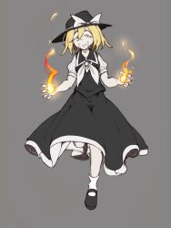 Rule 34 | 1girl, bare arms, black hat, black shoes, black skirt, black vest, blonde hair, bolos, bow, closed mouth, collared vest, commentary, drooling, english commentary, fire, full body, grey background, hair between eyes, hat, hat bow, leg up, long skirt, mary janes, medium hair, neckerchief, pinstripe sleeves, pleated skirt, puffy short sleeves, puffy sleeves, pyrokinesis, shirt, shoes, short sleeves, simple background, skirt, skirt set, smile, socks, solo, standing, tachi-e, touhou, touhou (pc-98), vest, white bow, white neckerchief, white shirt, white socks, wide-eyed, yellow eyes, yuki (touhou)