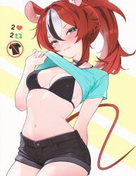 Rule 34 | 1girl, animal ear fluff, animal ears, arm behind back, black bra, black choker, black hair, blue eyes, blue shirt, blush, bra, breasts, choker, clothes lift, colored tips, commentary, crossed bangs, double-parted bangs, english commentary, fang, hair between eyes, hakos baelz, highres, hololive, hololive english, like and retweet, looking at viewer, medium breasts, mouse ears, mouse girl, mouse tail, multicolored hair, navel, parted lips, ponytail, red hair, shirt, shirt lift, short hair, short shorts, shorts, sidelocks, sk jynx, solo, stomach, streaked hair, t-shirt, tail, twitter strip game, underwear, virtual youtuber, white hair