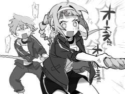 +_+ 1boy 1girl absurdres asaya_kanata exhausted gym_uniform highres magotsuki_(hurray) pants shorts suufunkan_no_yell_wo tug_of_war