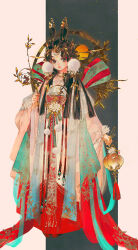 1girl animal_ears bamboo black_background blue_bow bow brown_eyes chinese_clothes chinese_commentary circlet commentary_request expressionless eyelashes eyeshadow facial_mark flower forehead_mark full_body hair_ornament halo halo_behind_head hanfu highres holding holding_lantern holding_plant ibuki_satsuki lantern light_particles lipstick long_sleeves makeup original outside_border paper_lantern pillarboxed pink_hanfu pink_lips plant pom_pom_(clothes) pom_pom_hair_ornament qixiong_ruqun rabbit_ears red_eyeshadow solo tassel two-tone_background waist_bow white_background white_flower wide_sleeves
