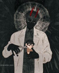 Rule 34 | 2boys, black eyes, black hair, black shirt, character doll, coat, collared shirt, demon horns, doll, dual persona, faceless, halo, halo behind head, head tilt, highres, holding, holding doll, holding scissors, horns, implied suicide, kim dokja, multiple boys, oldest dream, omniscient reader&#039;s viewpoint, red pupils, school uniform, scissors, shirt, symbol-shaped pupils, upper body, vacation town, very big eyes, white coat, x-shaped pupils