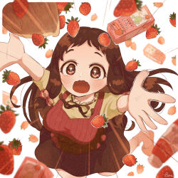 1girl alternate_hair_color arms_up artist_name basket birthday black_ribbon black_skirt blush bottle bow box breasts brown_eyes brown_hair chiri_sousu clumsy commentary_request drink emphasis_lines fingernails food forehead frilled_shirt frilled_shirt_collar frilled_socks frills fruit full_body hair_bow highres idolmaster idolmaster_cinderella_girls juice juice_box medium_breasts multiple_hair_bows neck_ribbon official_alternate_costume ohnuma_kurumi outstretched_arms pink_bow ribbon shirt short_bangs short_sleeves signature simple_background skirt slippers socks solo sparkling_eyes spread_arms straight_hair strawberry tripping two_side_up undershirt wavy_mouth white_background white_shirt white_undershirt