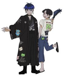 2boys bandaid bandaid_on_foot black_hair black_slippers blue_hair blue_pants bridge_piercing cat closed_mouth collar collarbone ear_piercing earrings eyepatch face_piercing fingernails frog full_body grey_eyes hand_up highres japanese_clothes jewelry lip_piercing looking_at_viewer male_focus maruko_gaku multicolored_hair multiple_boys omokage_yugamu open_mouth pants piercing pig red_eyes shirt simple_background slippers smile standing the_hundred_line_-last_defense_academy- white_background white_shirt