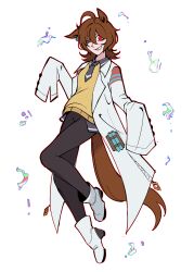 1girl absurdres agnes_tachyon_(umamusume) ahoge animal_ears brunchcorpse earrings full_body highres horse_ears horse_girl horse_tail huge_ahoge jewelry lab_coat necktie short_necktie single_earring sleeves_past_fingers sleeves_past_wrists solo sweater sweater_vest tail umamusume yellow_sweater yellow_sweater_vest