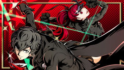 Rule 34 | amamiya ren, black coat, black hair, black ribbon, coat, commentary request, eye mask, gloves, grey eyes, hair ribbon, hatiware12, holding, holding mask, joker (persona 5), long sleeves, looking at viewer, mask, messy hair, persona, persona 5, persona 5 the royal, ponytail, red background, red eyes, red gloves, red hair, ribbon, smile, sparkle, star (symbol), violet (persona 5), yoshizawa kasumi