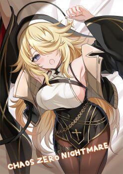 Rule 34 | 1girl, armpits, arms up, bare shoulders, bed sheet, belt, black jacket, black skirt, black veil, blonde hair, blue eyes, breasts, brown pantyhose, chaos zero nightmare, commentary, covered navel, english commentary, gold trim, hair over one eye, harimoji, high-waist skirt, highres, jacket, large breasts, long hair, long sleeves, looking at viewer, lying, on back, open clothes, open jacket, open mouth, orlea (chaos zero nightmare), pantyhose, second-party source, shirt, sideboob, skirt, sleeveless, sleeveless shirt, solo, swept bangs, thigh belt, thigh strap, veil, very long hair, white shirt, wide sleeves