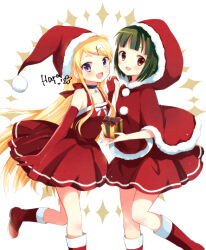 Rule 34 | 2girls, bare shoulders, black hair, blonde hair, blue eyes, blush, boots, box, breasts, brown eyes, capelet, christmas, dress, fur-trimmed capelet, fur-trimmed dress, fur-trimmed headwear, fur trim, gift, gift box, gloves, hair bun, hair ornament, hairclip, hara yui, hat, hood, kin-iro mosaic, kujou karen, long hair, looking at viewer, multiple girls, official art, oomiya shinobu, open mouth, purple eyes, red capelet, red dress, red gloves, santa boots, santa costume, santa dress, santa hat, shirt, short hair, single hair bun, skirt, smile, very long hair, x hair ornament