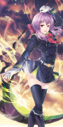 Rule 34 | 10s, 1girl, black boots, black thighhighs, boots, bow, brown eyes, female focus, gloves, hair bow, highres, hiiragi shinoa, knee boots, long hair, military, military uniform, owari no seraph, purple hair, scythe, skirt, sliverbin, smile, solo, thighhighs, zettai ryouiki