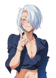 1girl angel_(kof) bra breasts cleavage crop_top cropped_jacket hair_over_one_eye highres jacket large_breasts leather leather_jacket looking_at_viewer midriff navel nemui2242 snk solo strapless strapless_bra the_king_of_fighters the_king_of_fighters_xiv toned toned_female underwear