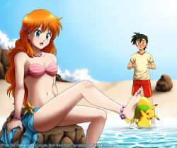 1boy 1girl anklet aqua_eyes ash_ketchum ball bare_legs barefoot beach beachball bikini black_hair blush boulder brown_eyes child cloud day earrings feet gen_1_pokemon hair_ornament jewelry laura_jimenez long_hair long_legs misty_(pokemon) navel necklace nintendo open_mouth orange_hair outdoors pikachu pokemon pokemon_(anime) pokemon_(creature) shell shell_bikini shorts sitting star_(symbol) strapless strapless_bikini swimsuit toes