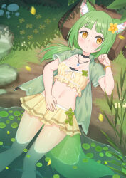 1girl absurdres animal_ear_fluff animal_ears bag bikini bikini_skirt black_choker blush breasts cat_ears cat_girl choker cleavage commentary_request feet_out_of_frame fish flower green_hair hair_flower hair_ornament highres jewelry lily_pad lying mao_lian_(nekokao) medium_breasts midriff miniskirt mushroom navel on_back open_clothes open_shirt original pendant skirt solo swimsuit yellow_bikini yellow_eyes yellow_flower