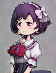 Rule 34 | 1girl, ascot, blush, canvas texture, chomahu, closed mouth, dress shirt, expressionless, hairband, highres, idolmaster, idolmaster cinderella girls, lolita hairband, looking ahead, puffy short sleeves, puffy sleeves, purple hair, red ascot, shiragiku hotaru, shirt, short hair, short sleeves, solo, tareme, upper body, white shirt