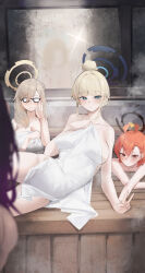 absurdres adjusting_eyewear ahoge akane_(blue_archive) asuna_(blue_archive) bathing blonde_hair blue_archive blue_eyes breasts ggz_(gguzal_95) glasses hair_bun halo highres holding holding_towel karin_(blue_archive) looking_at_viewer lying naked_towel neru_(blue_archive) on_side onsen opaque_glasses orange_eyes orange_hair partially_submerged reflection sideboob single_hair_bun steam toki_(blue_archive) towel window