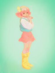 Rule 34 | 1girl, aqua background, blue vest, boots, commentary, full body, green eyes, hair ornament, hairband, hands up, highres, holding, holding wand, looking at viewer, looking to the side, mahou no princess minky momo, medium hair, minky momo, nucca dzuke, parted lips, pink hair, pink skirt, realistic, shirt, simple background, skirt, solo, standing, star (symbol), star hair ornament, vest, wand, white shirt, yellow boots, yellow hairband