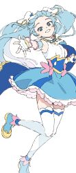 1girl blue_cape blue_eyes blue_hair blue_shoes blue_skirt cape cure_sky detached_sleeves fingerless_gloves floating_hair frilled_skirt frills full_body ginjiro_(ginjiroxx) gloves hair_ornament hand_up highres hirogaru_sky!_precure long_hair looking_at_viewer magical_girl open_mouth outstretched_arm precure puffy_detached_sleeves puffy_sleeves shirt shoes skirt smile solo sora_harewataru standing standing_on_one_leg thighhighs twintails very_long_hair white_background white_gloves white_shirt white_thighhighs wing_hair_ornament
