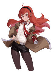 absurdres ahoge belt black_headband black_pantyhose breasts can coat collared_shirt eris_greyrat gluteal_fold hand_on_own_hip headband highres ke&#039;ai_qu_qu long_hair looking_at_viewer makise_kurisu mushoku_tensei necktie pantyhose red_eyes red_hair red_necktie shirt shorts small_breasts standing steins;gate very_long_hair white_background white_shirt
