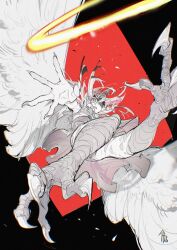 Rule 34 | 1girl, bird legs, chinese commentary, chromatic aberration, claws, cporing, eyepatch, feathered wings, flying, foreshortening, greyscale with colored background, half-harpy, halo, highres, monster girl, open mouth, original, palms, reaching, red eyes, skirt, solo, spot color, tears, wings, yellow halo