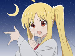 1girl :o ahoge bishoujo_senshi_sailor_moon blonde_hair blush bocchi_the_rock! bow bowtie collared_shirt crescent_moon detached_ahoge dot_nose eyes_visible_through_hair gradient_background hair_between_eyes highres hoite_(11922960_ze) ijichi_nijika light_blush long_hair looking_at_viewer moon night night_sky official_style one_side_up open_mouth parody pointing pointing_at_viewer red_bow red_eyes sailor_moon_pose school_uniform shimokitazawa_high_school_uniform shirt side_ponytail sidelocks sky solo tsuki_ni_kawatte_oshioki_yo white_shirt