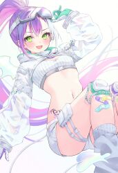 1girl absurdres aoha_(aohasora) bandaid bandaid_on_knee bandaid_on_leg blush breasts cleavage cropped_jacket demon_girl demon_tail demon_wings fang gloves goggles goggles_on_head green_eyes highres hololive jacket knee_pads leg_warmers long_hair looking_at_viewer midriff navel navel_piercing open_mouth piercing ponytail pouch purple_hair see-through_clothes see-through_sleeves short_shorts shorts small_breasts solo tail tattoo thigh_pouch tokoyami_towa tokoyami_towa_(cyberpunk) very_long_hair virtual_youtuber white_jacket white_leg_warmers white_shorts wings