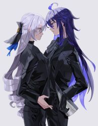 2girls absurdres ahoge alternate_costume belt black_belt black_bow black_gloves black_jacket black_necktie black_pants bow breasts bronya_rand closed_mouth cowboy_shot from_side gloves grey_background grey_eyes grey_hair hair_bow highres honkai:_star_rail honkai_(series) jacket long_hair long_sleeves maka_(maka04021) medium_breasts multiple_girls necktie pants parted_lips purple_eyes purple_hair seele_(honkai:_star_rail) sidelocks simple_background suit_jacket sweatdrop very_long_hair
