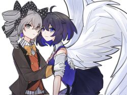 2girls ahoge black_hair black_jacket black_ribbon black_skirt blue_eyes blue_hair blue_vest bow bronya_zaychik bronya_zaychik_(wolf&#039;s_dawn) brown_bow closed_mouth collared_shirt commentary_request drill_hair feathered_wings gloves grey_eyes grey_hair hair_ribbon highres honkai_(series) honkai_impact_3rd jacket light_smile long_sleeves multicolored_hair multiple_girls open_clothes open_jacket orange_vest pleated_skirt polka_dot polka_dot_ribbon ribbon sang_yuchen seele_vollerei seele_vollerei_(azure_memories) seele_vollerei_(swallowtail_phantasm) shirt short_sleeves simple_background skirt striped_clothes striped_shirt twin_drills twintails two-tone_hair vertical-striped_clothes vertical-striped_shirt vest white_background white_gloves white_shirt white_wings wings