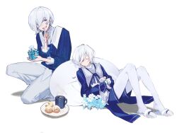 Rule 34 | 2boys, blue eyes, blue jacket, blue ribbon, blue shorts, blue sweater, bow, box, brothers, character cookie, closed eyes, closed mouth, colored eyelashes, commentary, cookie, crescent, cup, earrings, elsword, english commentary, finger to mouth, flower, food, footwear bow, full body, gift, gift box, grin, hair between eyes, harque ebalon, highres, holding, holding gift, hot chocolate, jacket, jewelry, knees up, light blush, long bangs, long sleeves, looking at viewer, male focus, marshmallow, mug, multiple boys, neck ribbon, noah ebalon, nyx pieta (elsword), on one knee, pants, plate, puritan collar, reclining, ribbon, shirt, short hair, shorts, shushing, siblings, simple background, sleeping, slippers, smile, socks, steam, stud earrings, stuffed whale, suaviterra, sweater, untucked shirt, white background, white flower, white hair, white pants, white shirt, white slippers, white socks