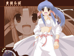 Rule 34 | 00s, 1girl, akasaka saki, aoba kozue, banchou, blue hair, borrowed character, bousouzoku, bow, coat, delinquent, female focus, fictional persona, long hair, mahoraba, navel, open mouth, pink bow, ponytail, red eyes, sarashi, sleeves rolled up, solo, tokkoufuku, zoom layer